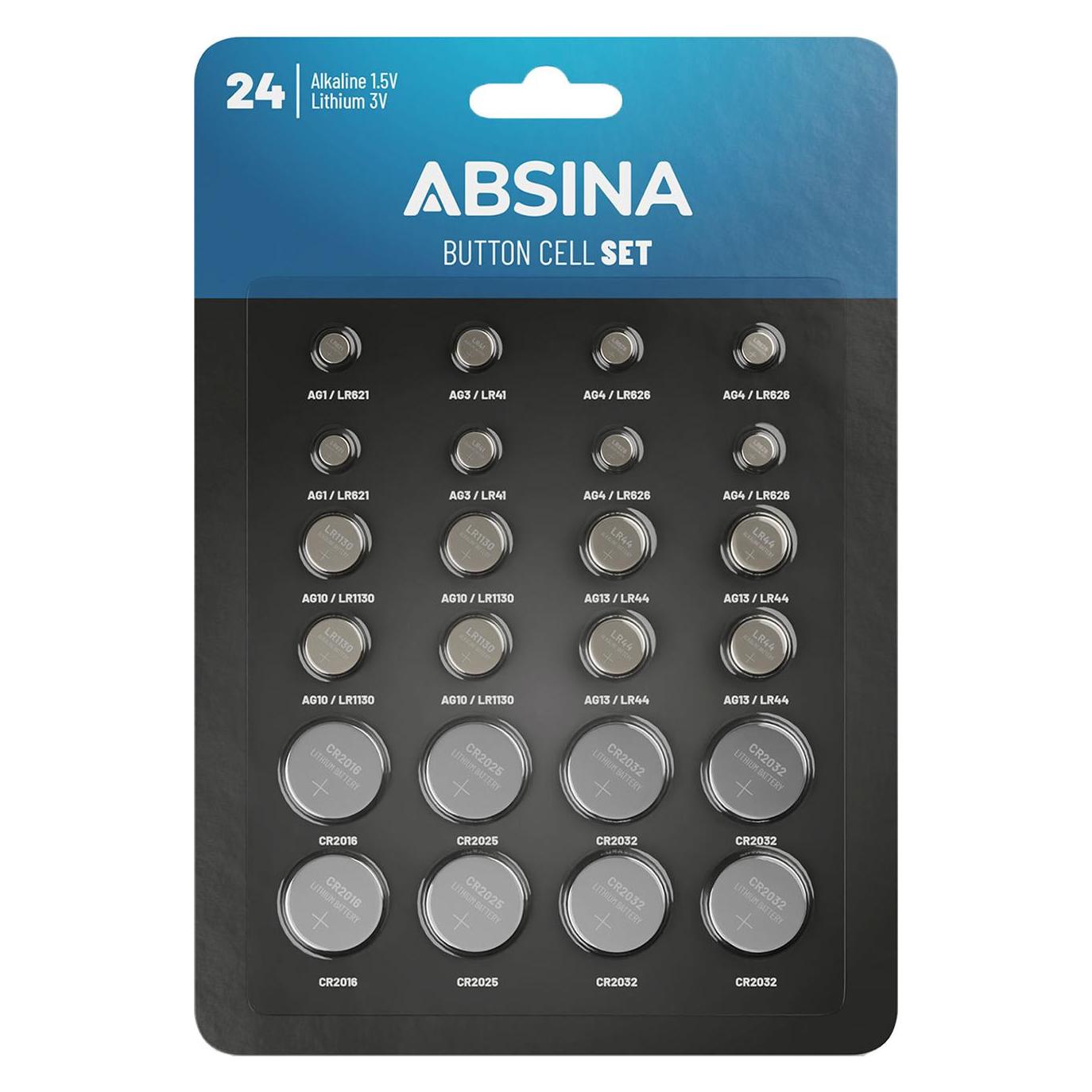 Absina Knopfzellen-Batterie-Set, Lithium & Alkaline, 24 Stück, 8 Typen (24 Stk., A10, AG1, AG4, CR2016, CR2025, CR2032, LR41, LR44, 14 mAh) (401008)