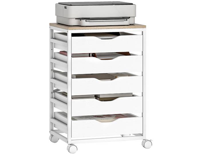 ComfortXL Rollcontainer De-14476 5 Schubladen mit Griffausschnitten Weiß, 40x74.5x50 cm, Büromöbel, Schreibtischcontainer, Rollcontainer