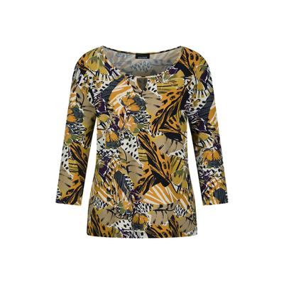 Print-Shirt GOLDNER "Viskosebluse mit Allover-Leo-Druck", Damen, Gr. 44, gelb (honig, gemustert), Obermaterial: 95% Viskose CV. 5% Elasthan EL., Modisch, Shirts, raffinierte Ausschnittlösung