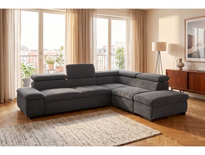 Ecksofa, Luxus-Microfaser, Grau, 272×226 cm, Mit Bettfunktion & Kopfteilverstellung, Vintage, Home-affaire