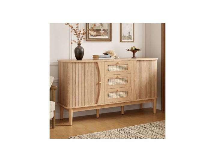 MEULVA Buffet bas 141 cm effet bois avec 3 tiroirs en rotin et 2 portes coulissantes