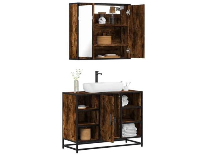 ZQQLVOO 2-TLG. Badmöbel-Set Räuchereiche Holzwerkstoff Metallgestell, Lowboard, Waschbeckenunterschrank, Spiegelschrank, Wandmontage, Stauraum, kleinere Räume