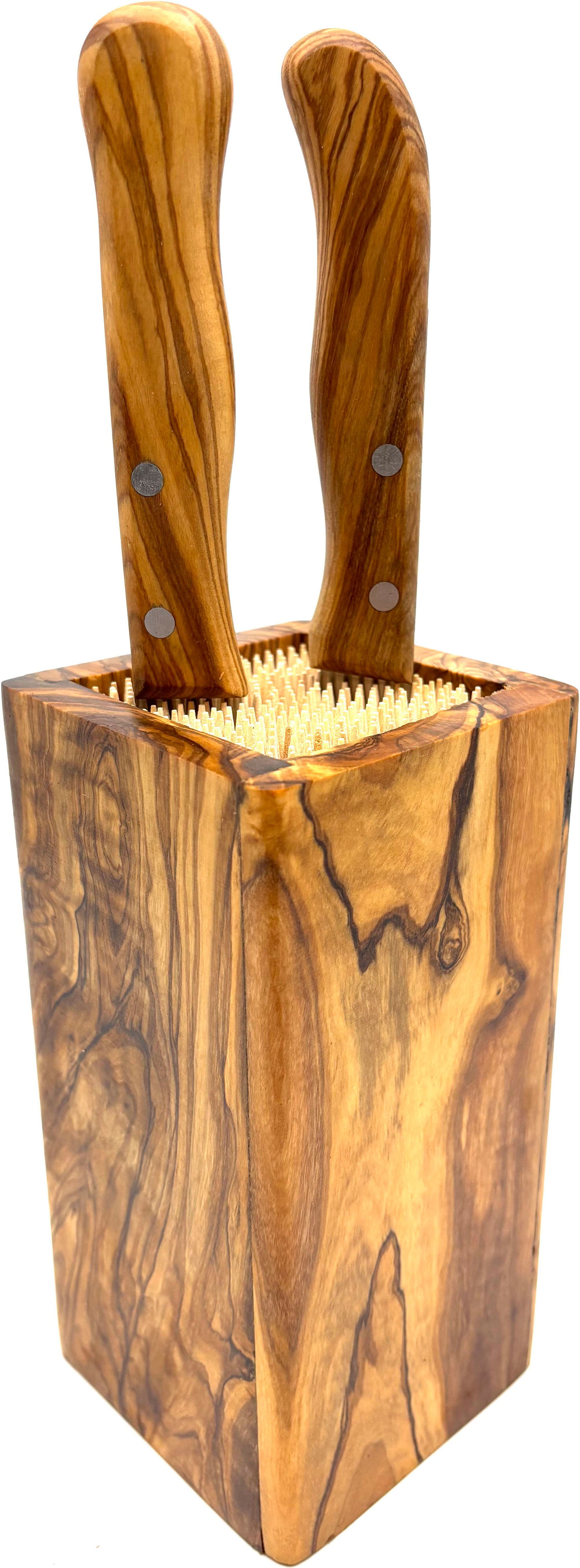 Messerblock OLIVENHOLZ-ERLEBEN "DESIGN eckig, aus Olivenholz", braun, B:8cm H:16cm, Messerblöcke, Messerblock, Flexible Holzspieße für sichere und schonende Messeraufbewahrung