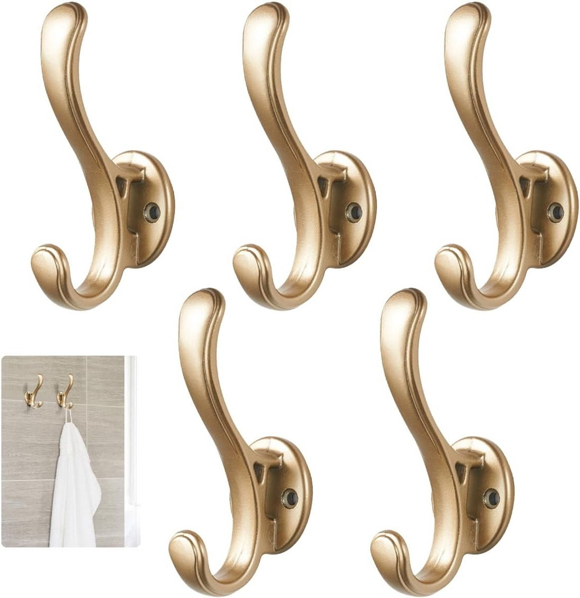 5 Stuks Vintage Wandhaak Goud - Robuuste Dubbele Haak voor Jassen, Handdoeken en Accessoires