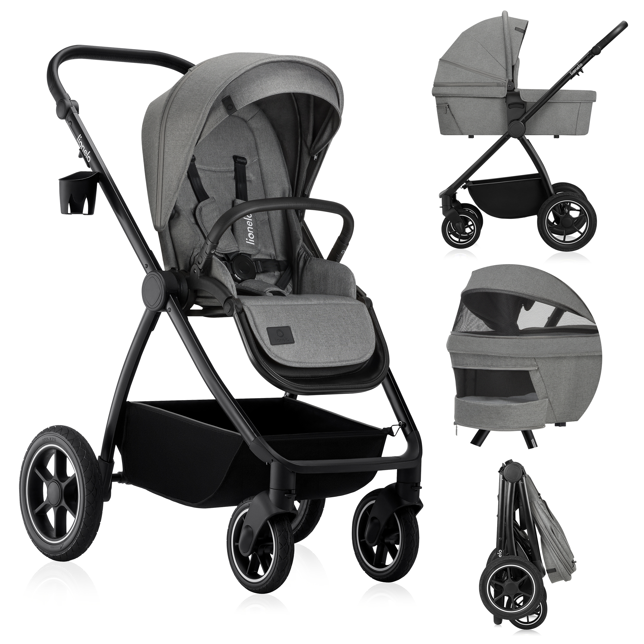 Lionelo Kombikinderwagen Meril 2in1 Babywanne bis zu 9 kg, 0-48 Monate bis zu 22 kg, Geländeräder 360°, Vollfederung, XXL-Verdeck - Grau