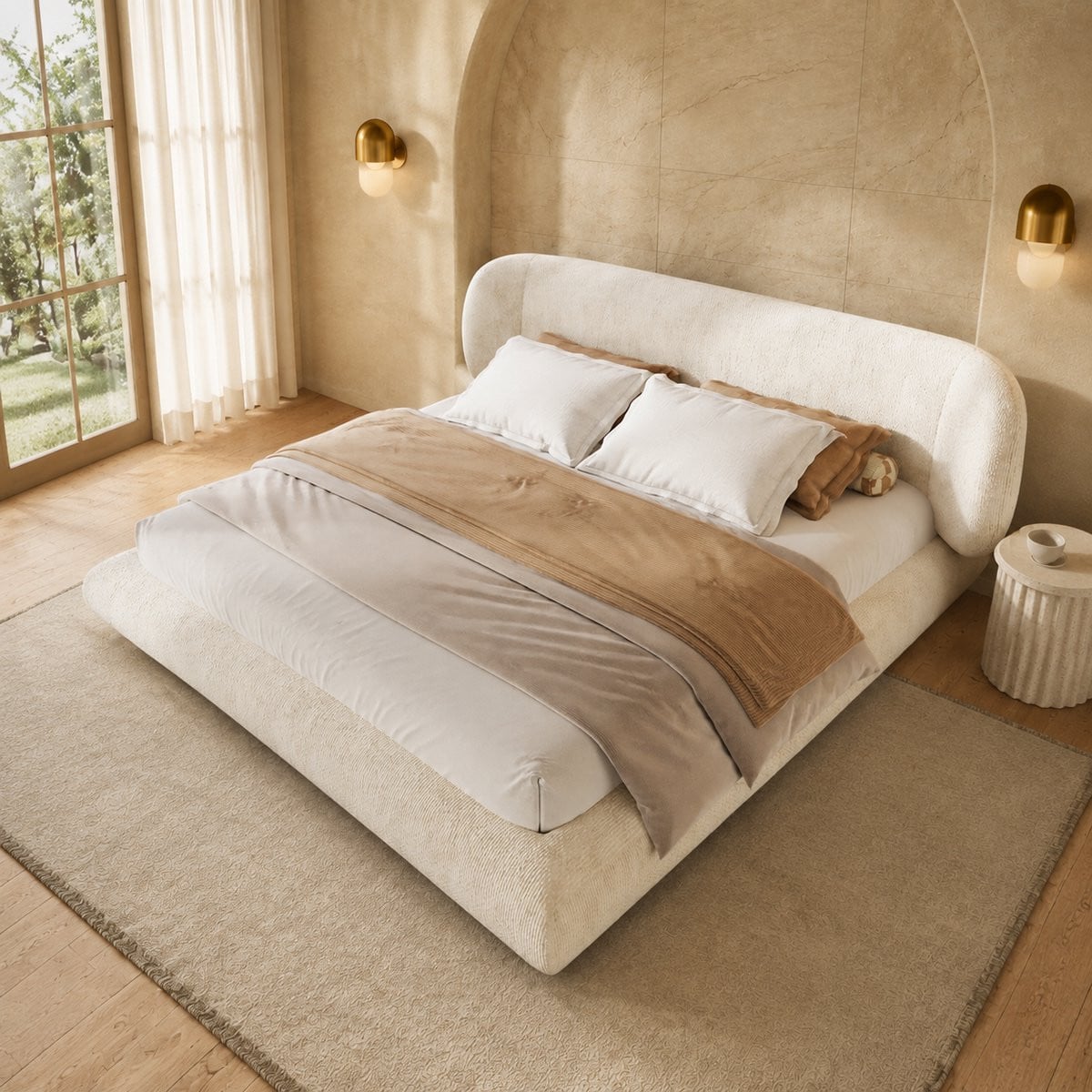 Zerbaco Gestoffeerd Tweepersoonsbed met Hoofdbord en Opbergruimte, Beige, B/D/H: 180 x 200 cm