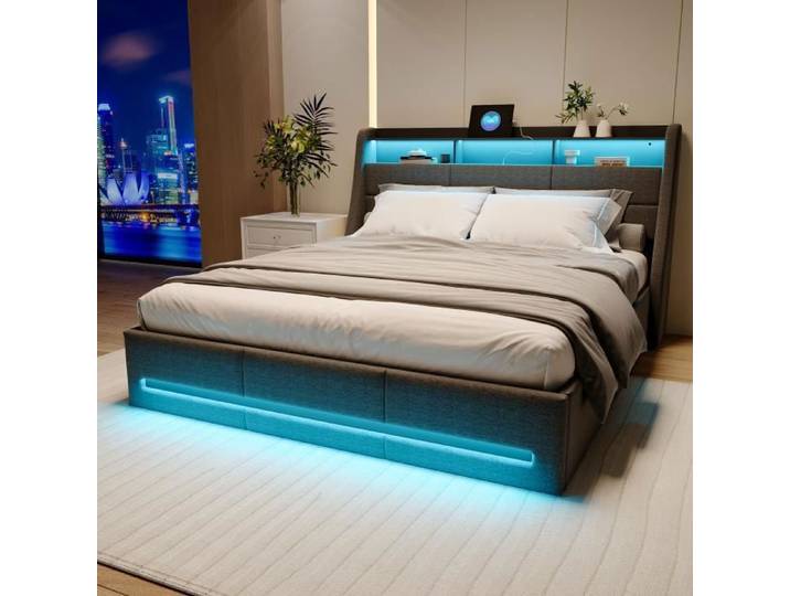 Lit Coffre 160x200 Capitonne - YLSZHYR - Lit Rembourré - Tête de Lit Adultes - LED et USB - Gris