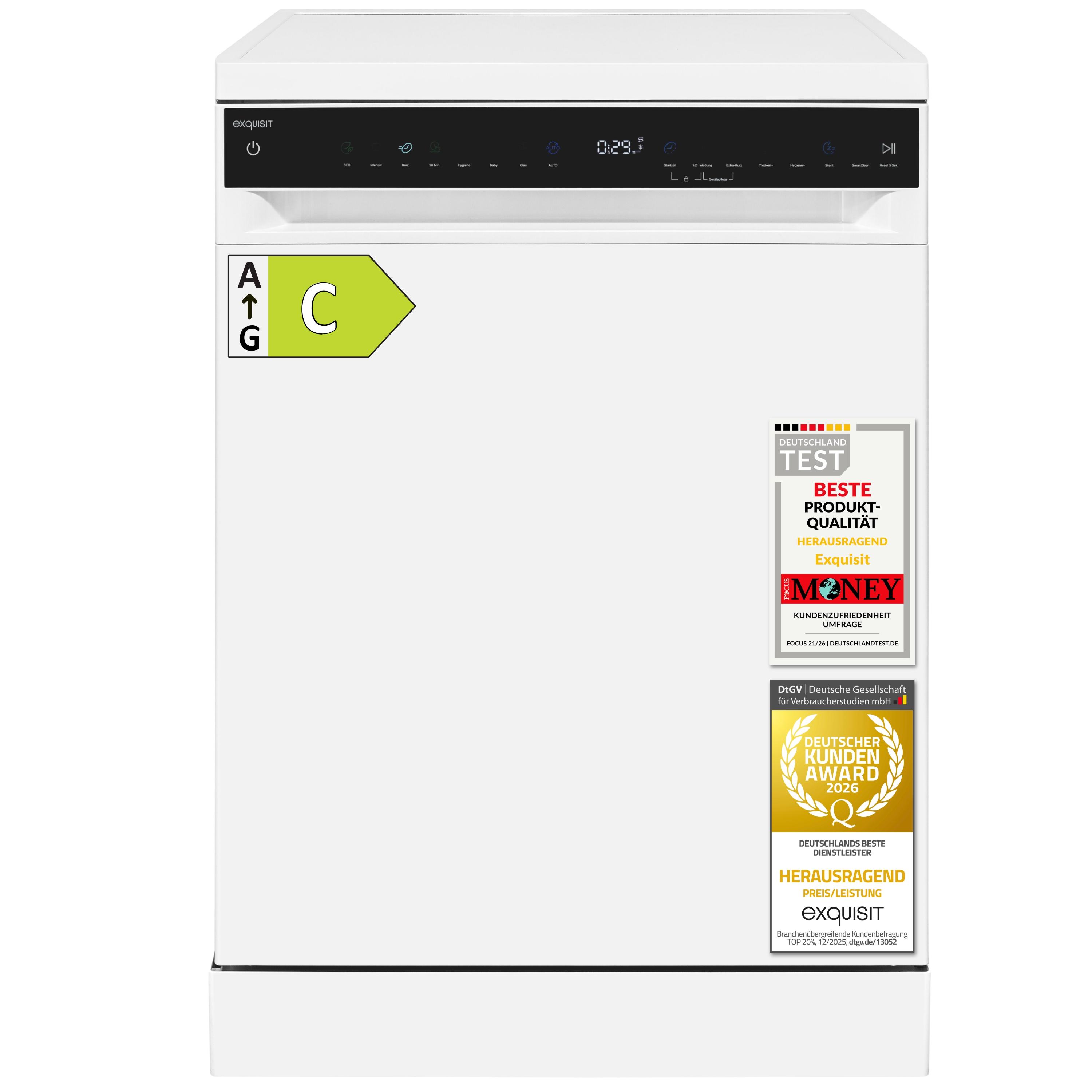 Exquisit Geschirrspüler 16 Maßgedecke | Energieklasse C | 8 Spülprogramme | Aquastop | Innenbeleuchtung | Unterbaufähig | Startzeitvorwahl | Weiß
