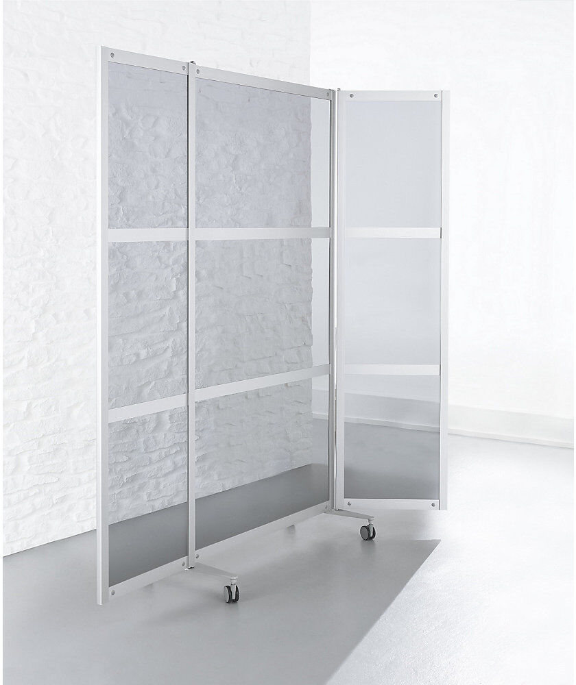 kaiserkraft Mobile Faltstellwand, schwer entflammbar, Alurahmen mit ESG-Sicherheitsglas, HxBxT 1900 x 2000 x 450 mm, klar