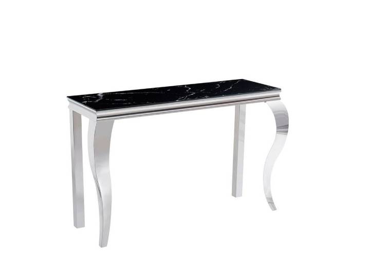Console Métal Chrome Plateau Verre Trempé Effet Marbre Noir 120cm Baroque