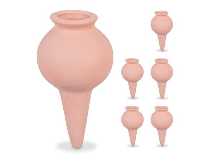 Relaxdays waterdruppelaar keramiek, set van 6, watergeefsysteem voor kamer- & balkonplanten, waterbollen, terracotta