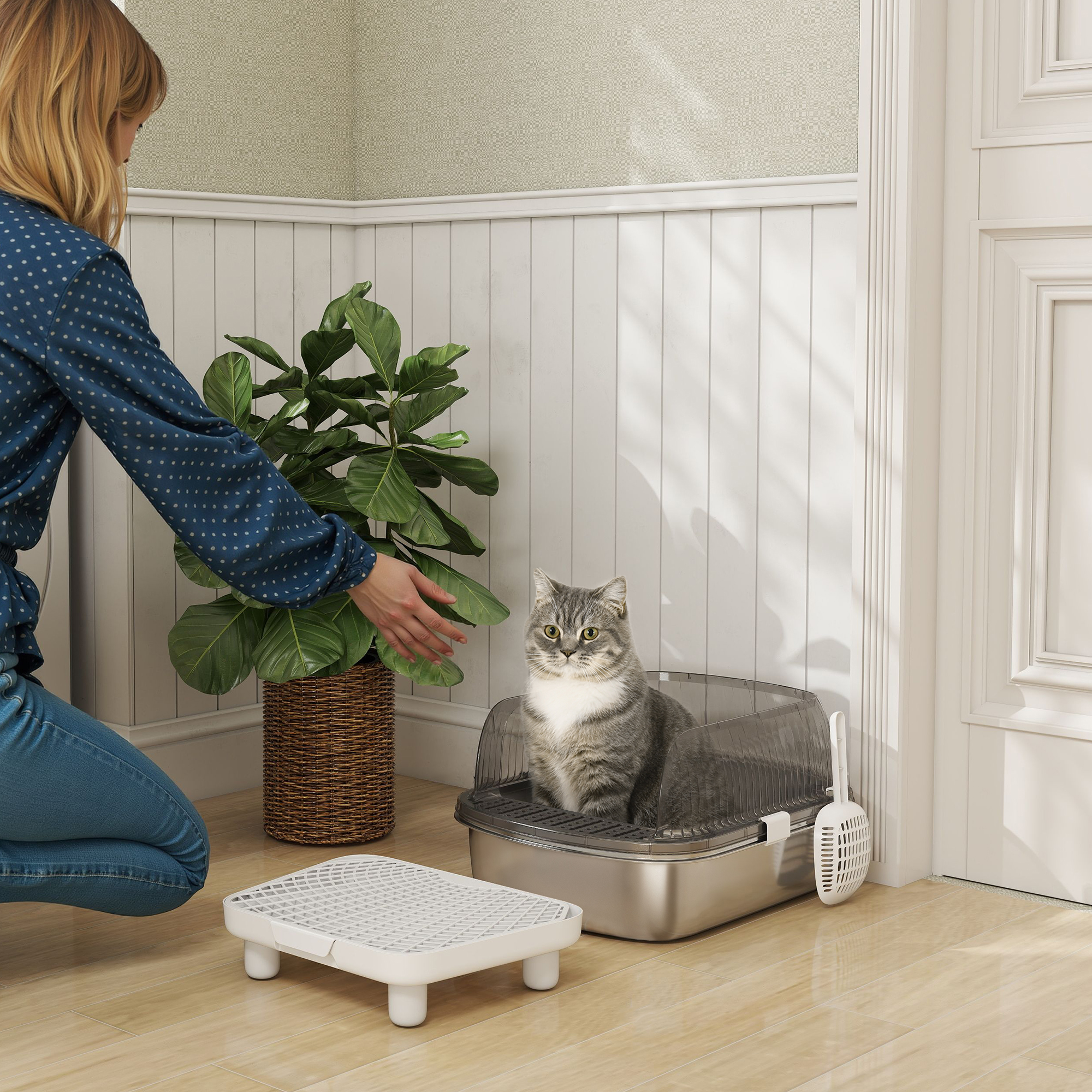 Pawhut Lettiera per Gatti Coperta con Piatto in Acciaio Inox Bordi Alti Pala Pedana e Zona per la Caduta della Sabbia Grigio   Aosom Italy