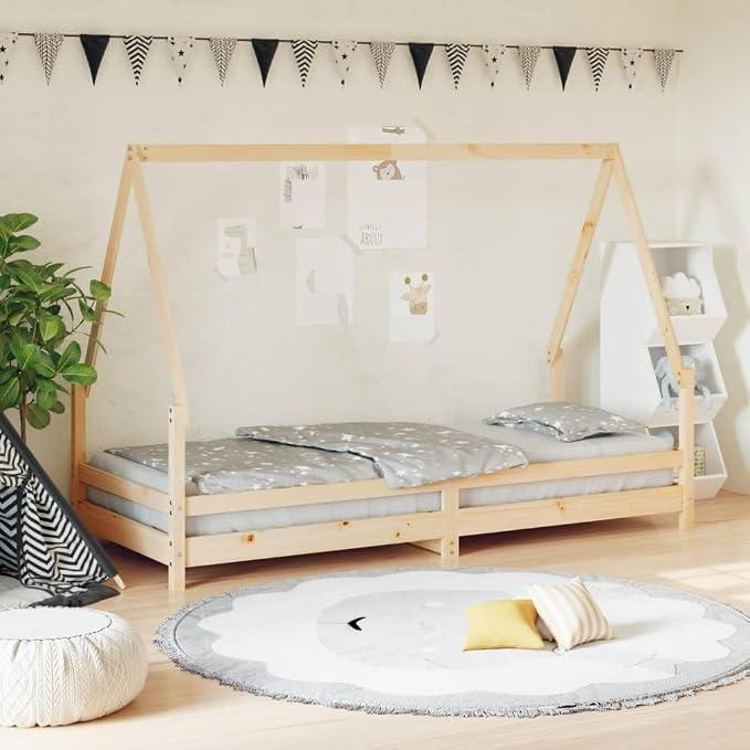 Kinderbett 90x200 cm aus massivem Kiefernholz, Hausbett mit Lattenrost, niedriger Einstieg für Kinder ab 4 Jahren, rustikales Einzelbett für ruhigen Schlaf