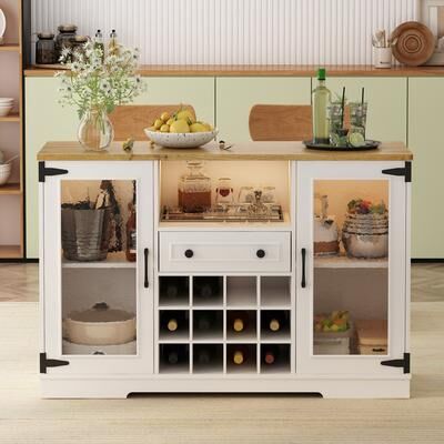 GREATPLANINC Freestanding Sideboard LED Wine Cabinet with Drop Leaf and Wine Rack