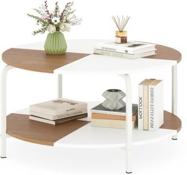 Costway 2-Tier Round Coffee Table Metal Frame with Storage Shelf-Natural & White