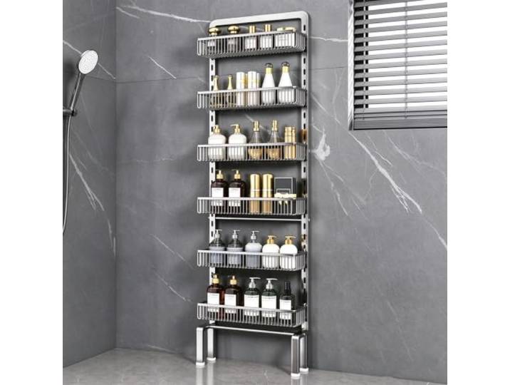 Laohucai Türhinterwand-Regal mit verstellbaren Hängekörben Freistehendes, robustes Metall-Regal für Küche und Bad – ideal für schmale Türspalten(6-Tier)