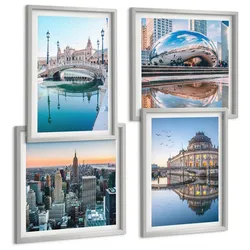 BILDER SET 4er Set - 50x50 cm & 40x60 cm Silberner Rahmen - Architektur von Städten am Wasser