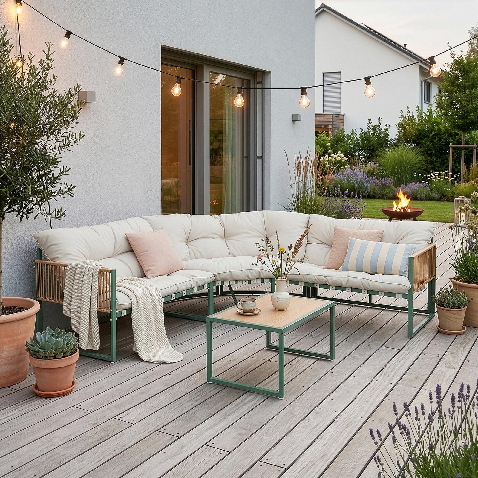 Casa.pro Loungeset Karg met sofa, salontafel en kussens in groen/beige met rattanlook