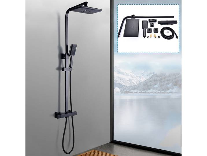 Système de douche avec thermostat, mitigeur de douche, pomme de douche d'eau de pluie, douche manuelle et cadre en verre chromé, acier inoxydable