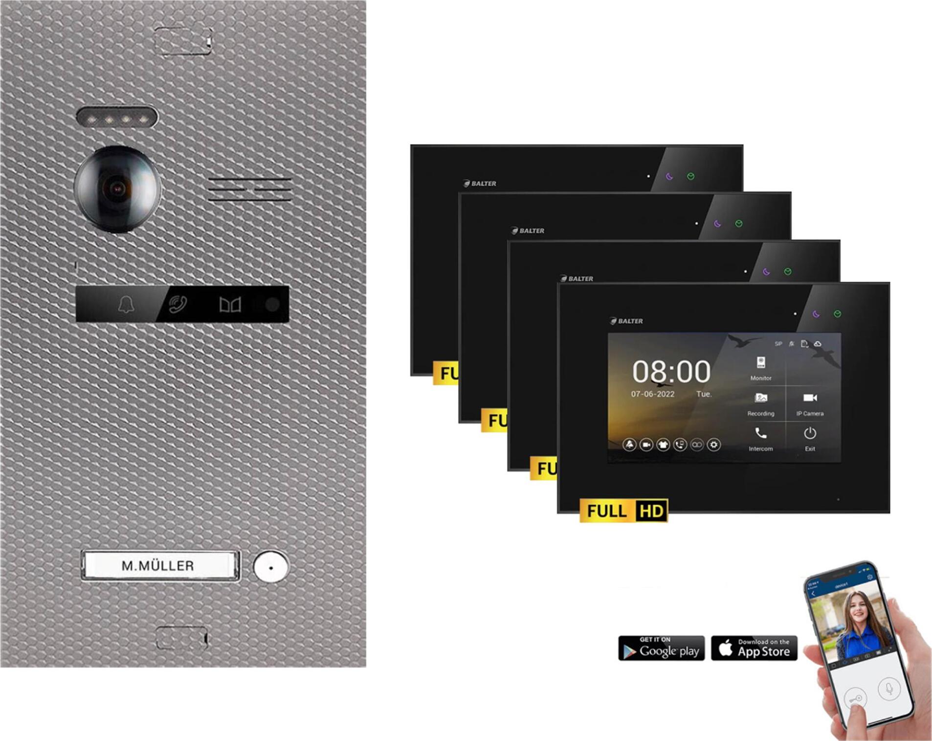 WLAN Video Türsprechanlage BALTER EVO HD für 1-Familienhaus, 4x Monitor, mit Smartphone App Karbon-Silver Schwarz