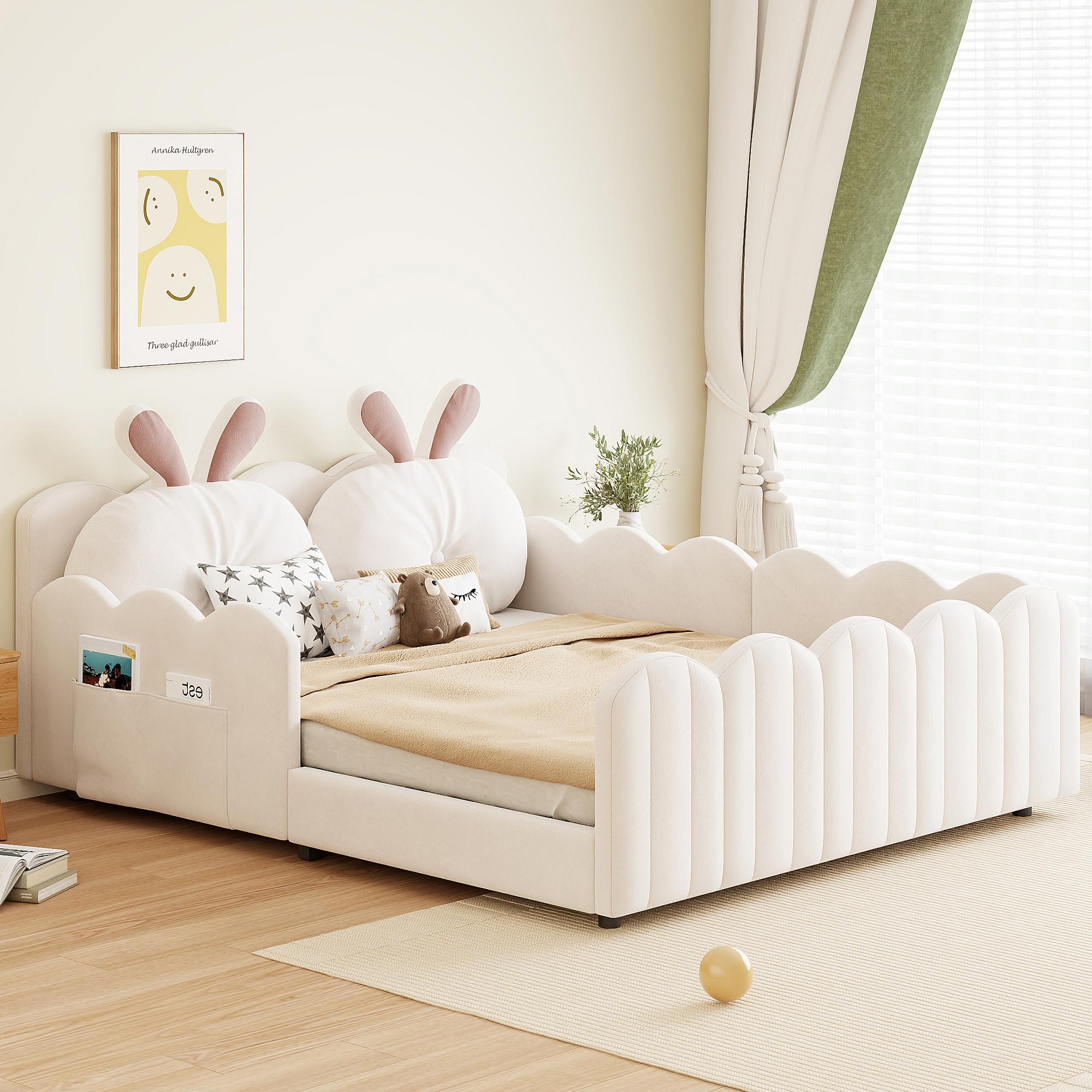 Gepolstertes Plattformbett, 140x200 cm, mit Kissen in Kaninchenform, Beige