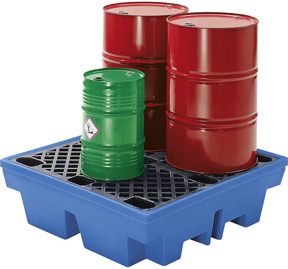 kaiserkraft PE-Auffangwanne mit PE-Rost, 4 x 200-l-Fässer, Volumen 410 l