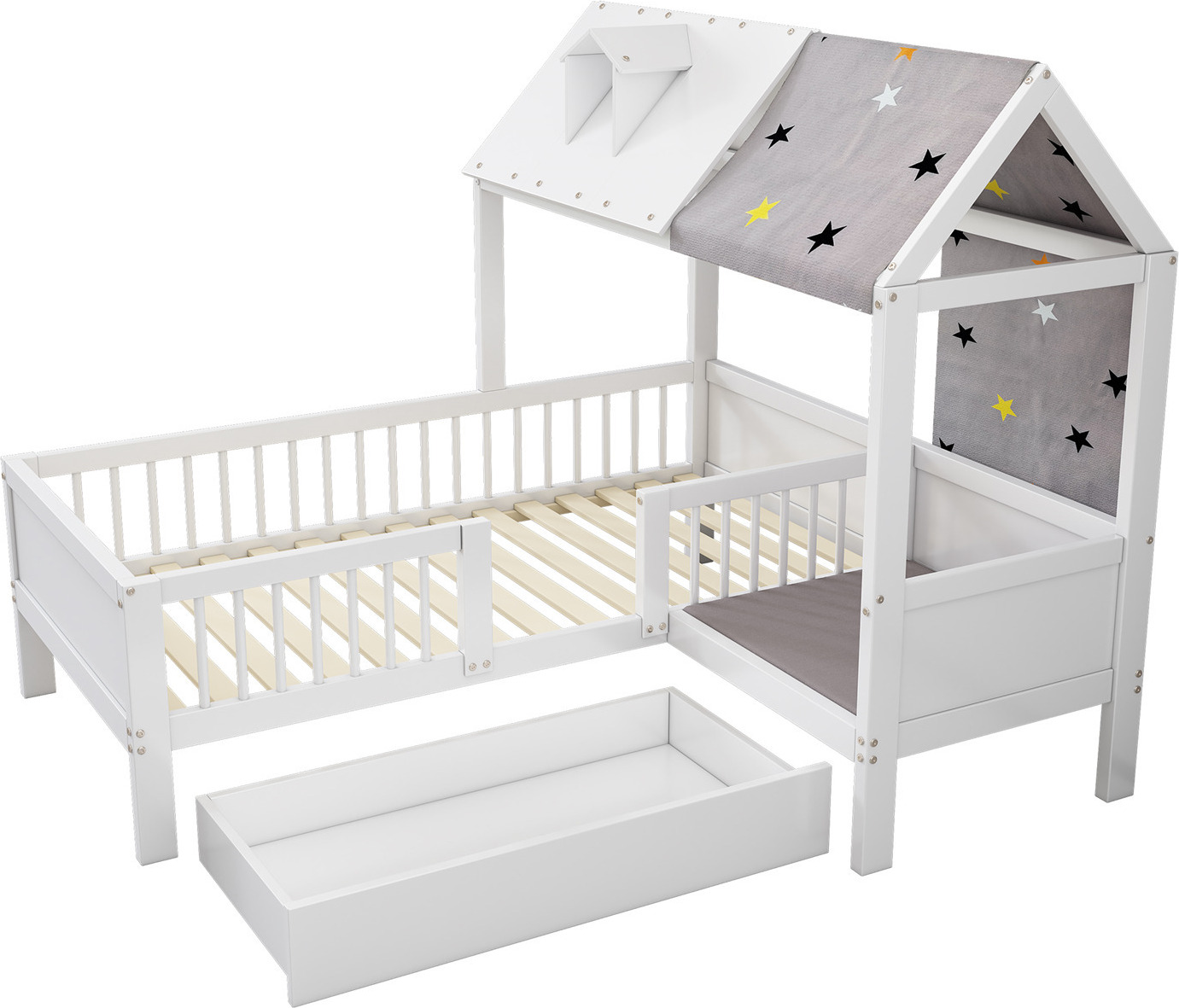 Hausförmiges Kinderbett aus Holz,Einzelbett(weiß)multifunktional, mit Zeltstoff & Kissen, Schubladen unten, ohne Matratze