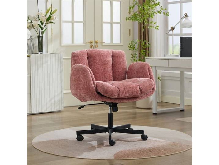Chaise de Bureau Pivotante Chenille - 57.5x60x92.5cm - Accoudoirs Réglables Double Coussin Hauteur Ajustable - Rose Poudré