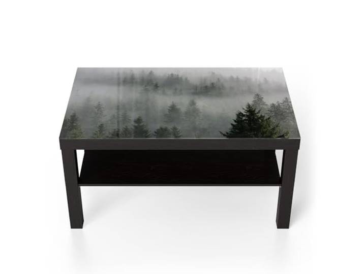 DEQORI Glastisch schwarz groß 90x50 cm Motiv Nebelwaldmystik ausgefallener Beistelltisch aus Glas Hochglanz Couchtisch fürs Wohnzimmer moderner Couch Tisch mit Design