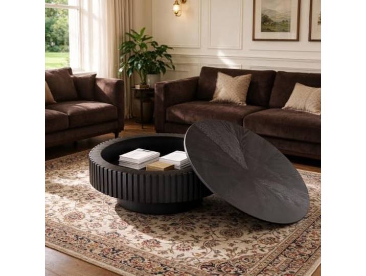 Runder Couchtisch in Trommelform Mit Stauraum Runder Couchtisch Im Mid-Century-Modern-Stil – Runder Wohnzimmertisch Im Farmhouse-Stil Mit Geriffeltem Design, Für Wohnungen