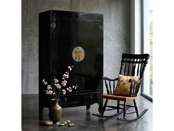 LEBENSwohnART Asia Hochzeitsschrank Schwarz 105x175x45cm China Kleiderschrank aus Mahagoni