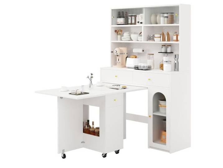 Buffet de cuisine haut avec table pliante à roulettes et rangement vitré - ELVMI - Blanc MDF cuisine