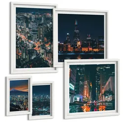 BILDER SET 5er Set - 50x50 cm & 20x30 cm & 40x60 cm Weißer Rahmen - Bergpanorama der Stadt bei Nacht