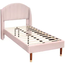 Merax Polsterbett 90x200 Ohrform Einzelbett aus Samt mit Kopfteil & Lattenrost Rosa