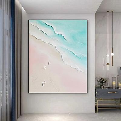 Ölgemälde, handgemalt: Winzige Menschen schwimmen im blauen Ozean. Wandbild, Strandmotiv, Poster, Küstenkunst.