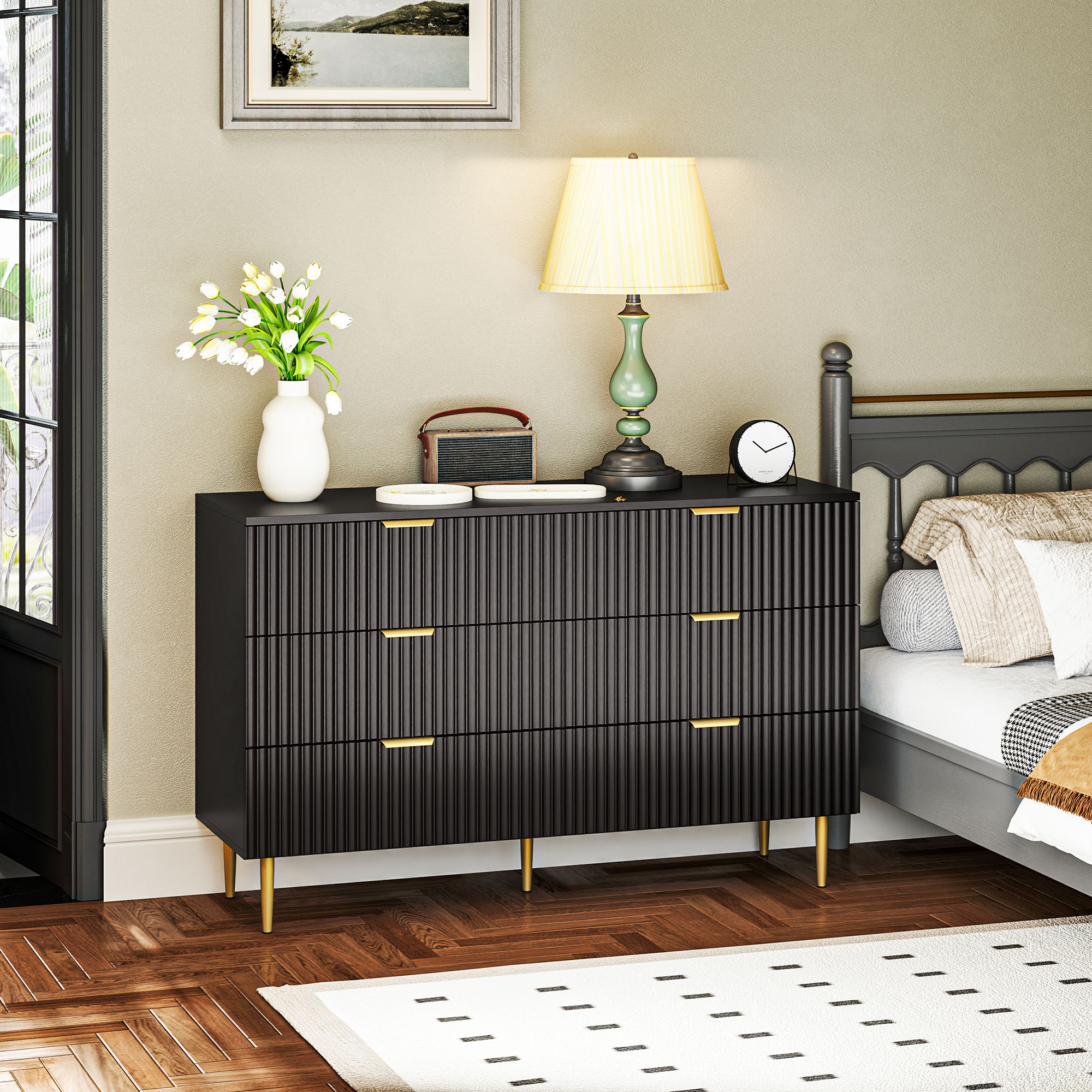 Homcom Comoda 6 cassetti comoda camera mobile da letto moderno con maniglie e piedi dorati, 120 x 40 x 76,5 cm, nero   Aosom Italy