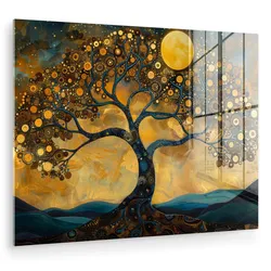 ACRYLGLASBILD Baum - Mond - Blumen - Gold - Kunst 80x60 cm