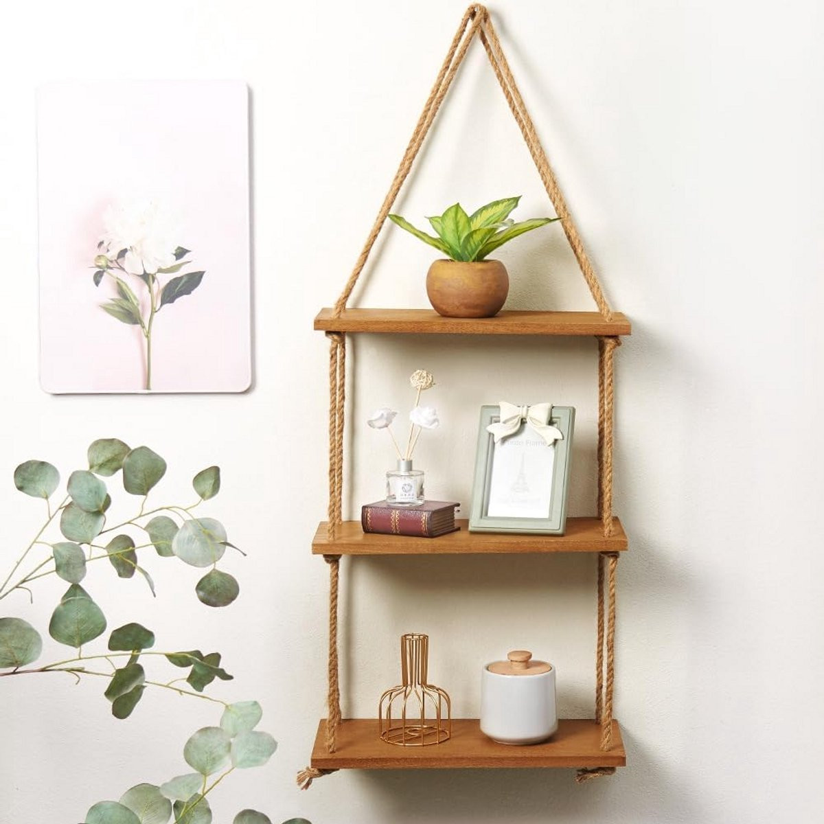 Zwevend Wandrek met 3 Houten Planken en Jute Touw - Decoratieve Hangplank voor Woonkamer, Keuken of Slaapkamer