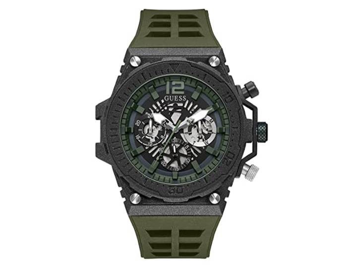 GUESS Cut Thru Dial Armband Horloge, Groen/Zwart/Zwart, BLOOTSTELLING