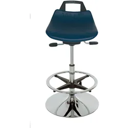 PROREGAL Stehhilfe Denver Hoch, Sitzhöhe 56-82cm, Ø50cm, Tragfähigkeit 110kg, Polyurethane-Sitz, Stahltellerfuß, Fußring, Rückenstütze & Tragegriff
