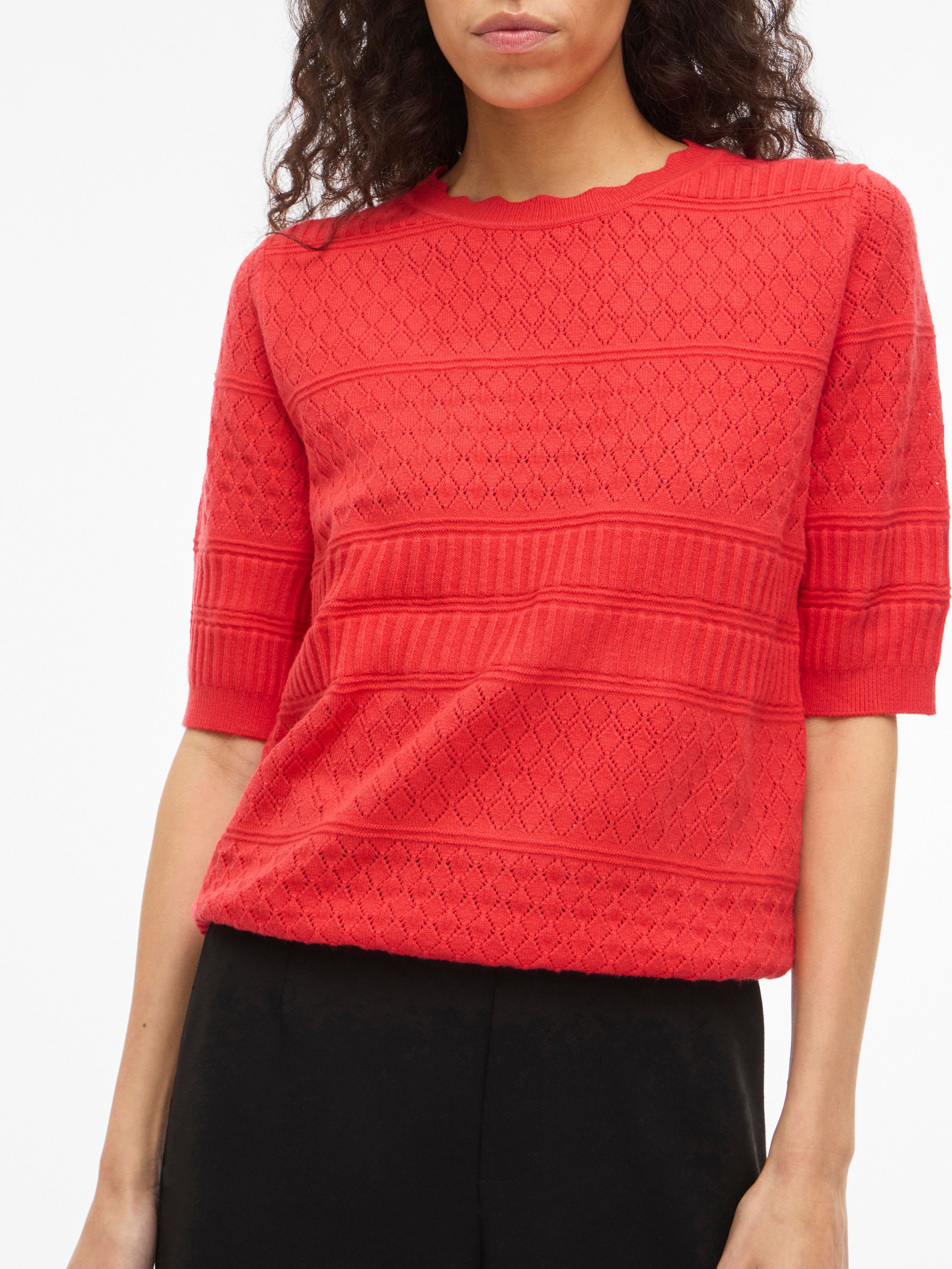 Kurzarmpullover VILA "VIMILOS S/S O-NECK POINTELLE TOP - NOOS", Damen, Gr. S, rot (hibiscus), Strick, Obermaterial: 52% Viskose, 28% Polyester, 20% Polyamid, unifarben, regular fit normal, Rundhals, Rippstrickbündchen, Pullover Kurzarmpullover hibiscus S
