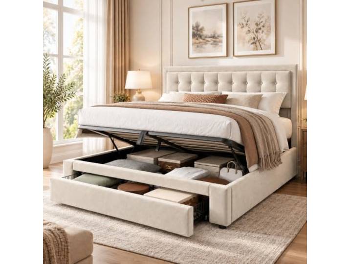 Polsterbett 160x200 mit Stauraum & Lattenrost, Samt Beige Hydraulischer Bettkasten, ausziehbare Schublade und weicher Samtstoff für mehr Ordnung im Schlafzimmer