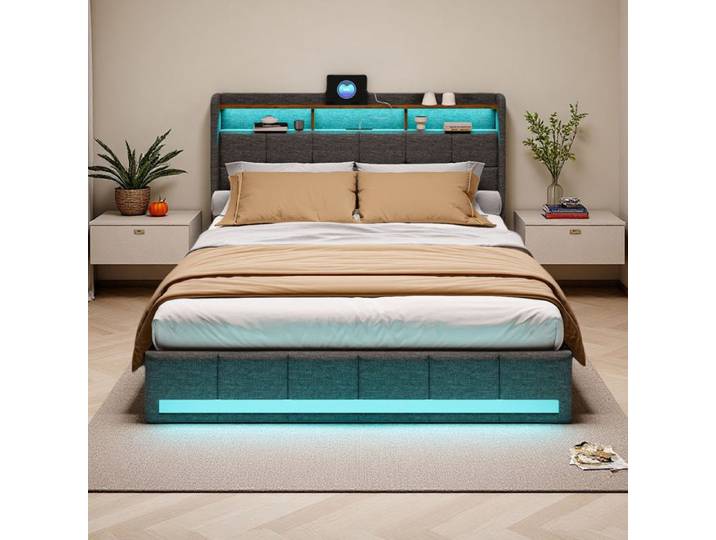Lit 140x200 cm - COZY - LED - tissu en lin - cadre de lit double 140x200 cm - gris