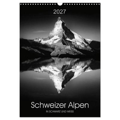 SCHWEIZER ALPEN in Schwarz und Weiß (Wandkalender 2027 DIN A3 hoch), CALVENDO Monatskalender