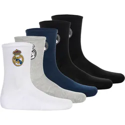 Real Madrid Kinder Socken, 5er Pack - Tennis Embroidery Socks, Emblem-Logo gestickt, Baumwollmischung, einfarbig Weiß/Schwarz/Dunkelblau/Grau / 27-30