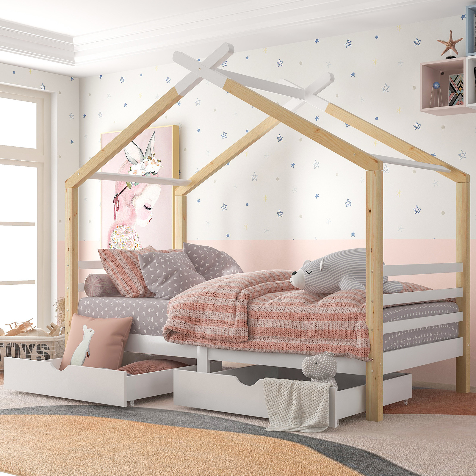 MODFU Kinderbed met lades en huisframe, massief grenenhout, wit, 90 x 200 cm