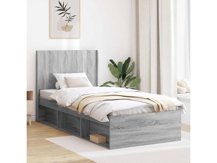 RJPLMFV Bettgestell mit Stauraum, Kopfteil, Grau Holzwerkstoff, Lattenboden, integrierte Fächer, moderner Stil, einfache Reinigung