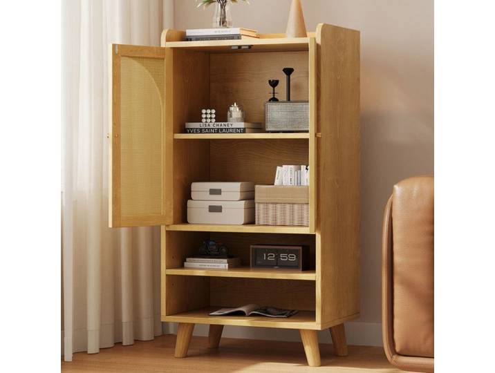 Buffet en rotin avec 2 portes en pe rotin et 2 compartiments ouverts Buffet avec grand espace de rangement 60×40×121 cm