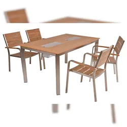 DELUKE Gartenmöbel Set FRANK 5-tlg. - Kunststoff, Braun | Gartenmöbel-Set Gartengarnitur Garten-Essgruppe mit Stapelstühlen und Esstisch