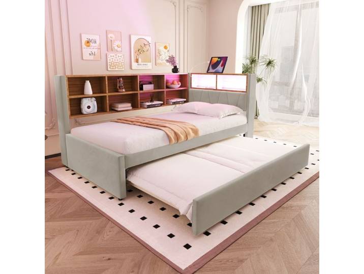 Lit gigogne 90x200cm avec lit gigogne 90x190 éclairage LED prises de charge rangements Flanelle Gris clair